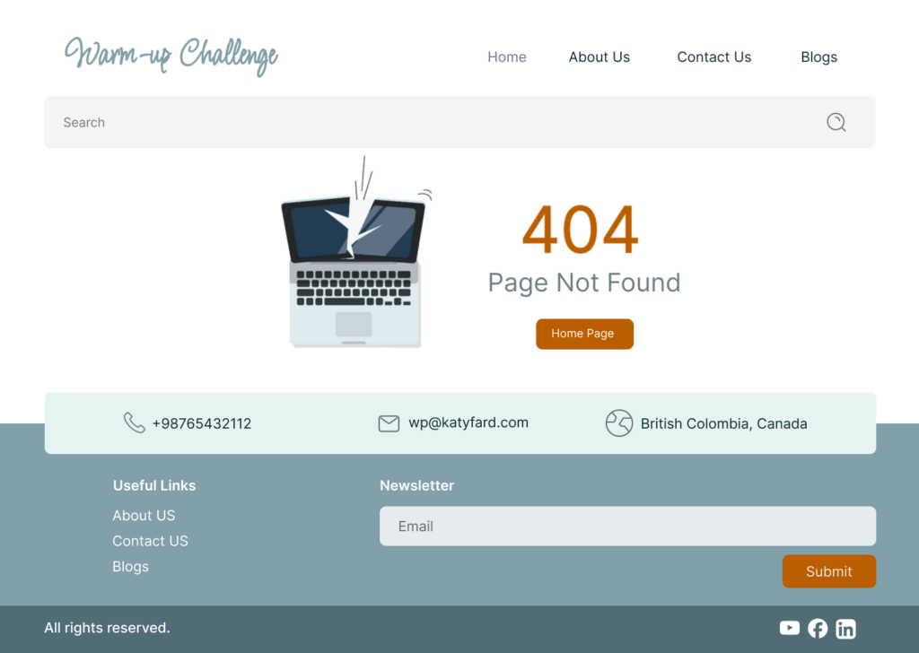 A page of Error 404 page of a website in warming up challenge by Katy Fard