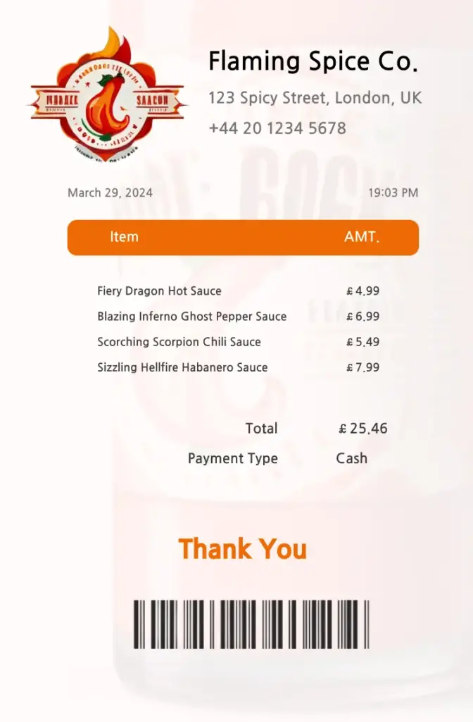 Receipt for hot sauce brand in warming up challenge by Katy Fard