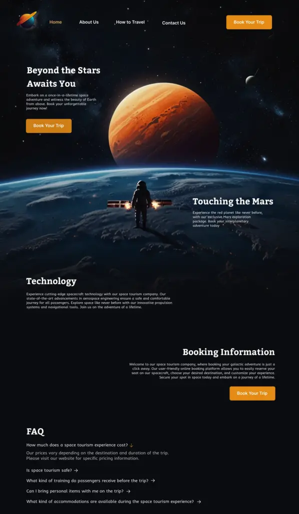 Main page of space tourism company in warming up challenge by Katy Fard