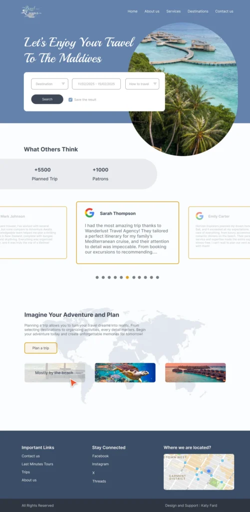 Main page for Travel agency website in warming up challenge by Katy Fard